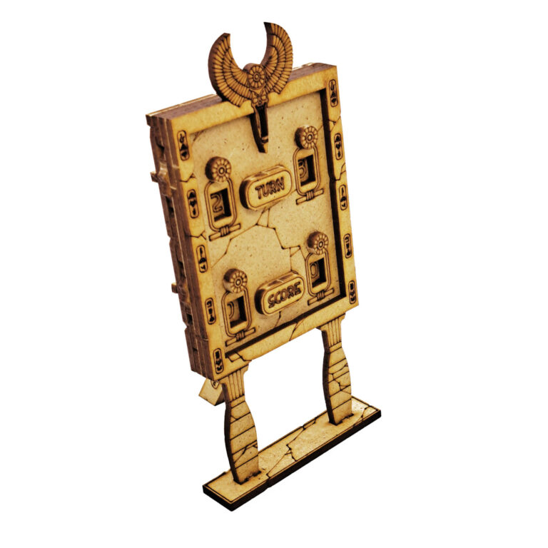 Blood Bowl Sand Empire MDF score and turn counter for Tomb Kings teams, featuring a design inspired by ancient dynasties.