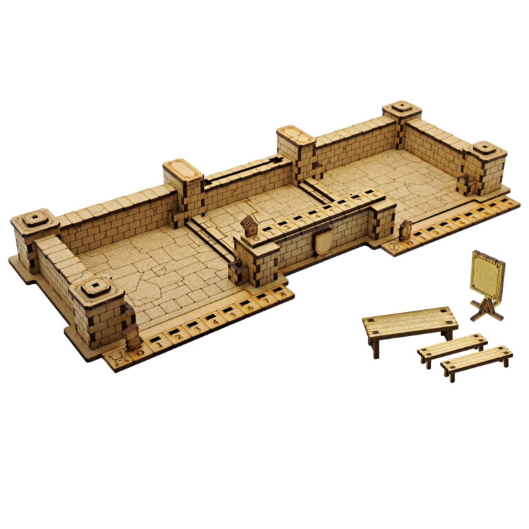 Blood Bowl expandable MDF pitch with generic base, featuring turn counters, scoreboard and re-rolls for a modular, customisable dugout system.