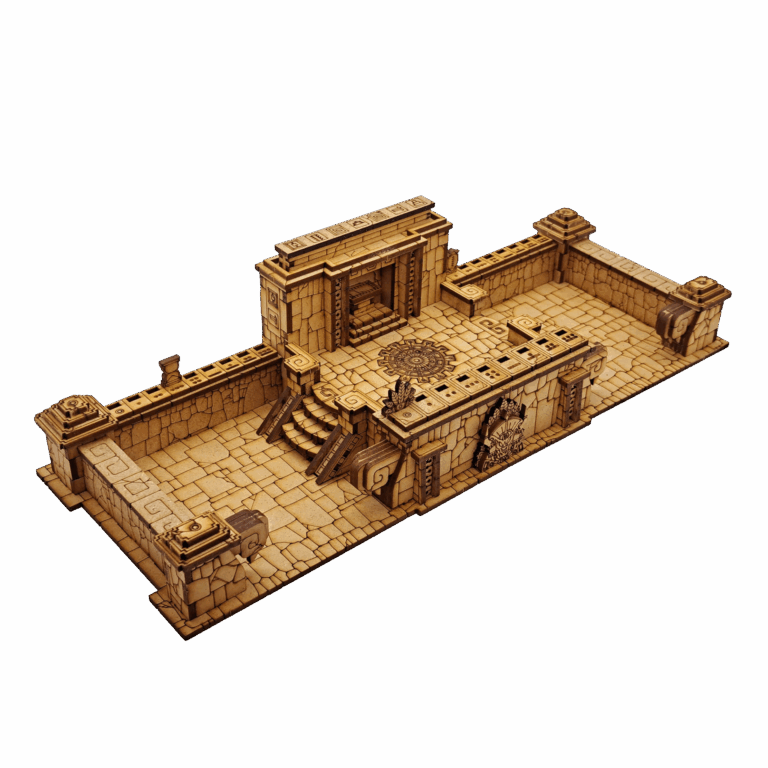 MDF Blood Bowl dugout for Lizardmen and Amazon teams, featuring turn and score counters, with a bold, modular, exotic design.