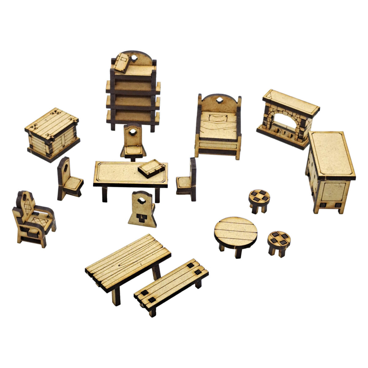 Mobilier de maison médiévale fantastique en MDF avec lits, tables, coffres et feu ouvert pour jeux de rôle et wargames