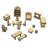 Mobilier de maison médiévale fantastique en MDF avec lits, tables, coffres et feu ouvert pour jeux de rôle et wargames