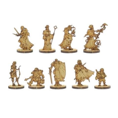 Figurines aventuriers 2D MDF médiéval fantastique représentant guerriers, sorciers et personnages joueurs pour jeux de rôle fantasy