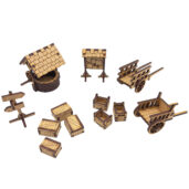 Accessoires MDF de village médiéval fantastique avec puits, charrettes et caisses en bois pour jeux de rôle et wargames d’escarmouche