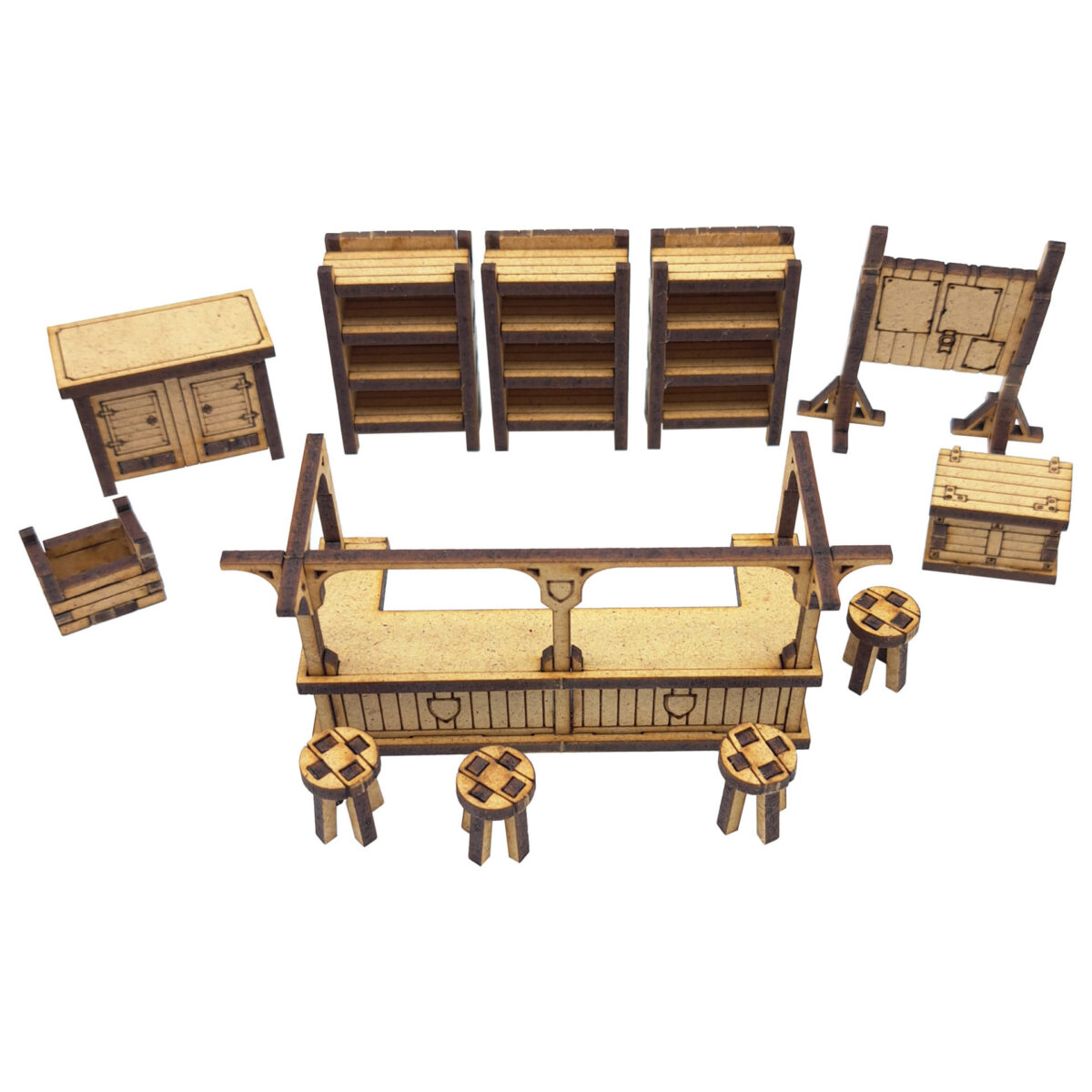 Mobilier d'auberge MDF avec bar, chaises et armoires pour décors de jeux de rôle et wargames médiévaux fantastiques