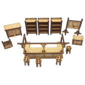 Mobilier d'auberge MDF avec bar, chaises et armoires pour décors de jeux de rôle et wargames médiévaux fantastiques