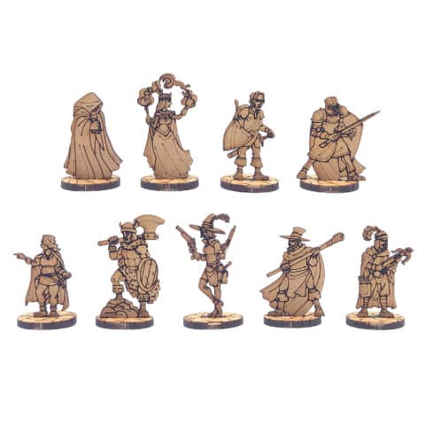 Figurines aventuriers 2D MDF médiéval fantastique représentant guerriers, sorciers et personnages joueurs pour jeux de rôle fantasy