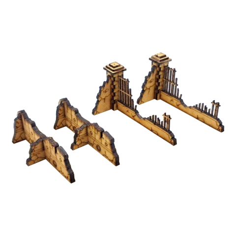 Ruines urbaines 40K – mur détruit et angle de clôture gothique avec muret en L, grilles et colonne de maçonnerie pour Warhammer 40,000