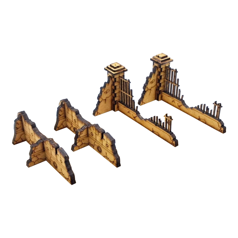 Ruines urbaines 40K – mur détruit et angle de clôture gothique avec muret en L, grilles et colonne de maçonnerie pour Warhammer 40,000