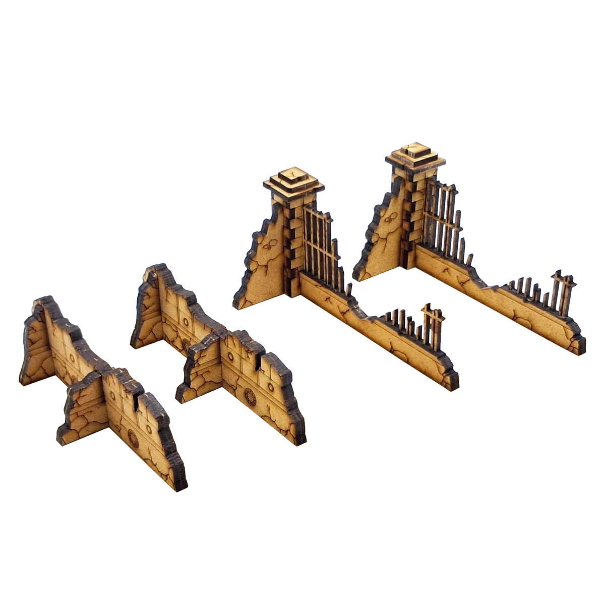 40K Urban Ruins – destroyed wall and Gothic fence corner with L-shaped low wall, railings and masonry column for Warhammer 40,000