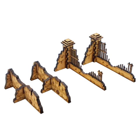 40K Urban Ruins – destroyed wall and Gothic fence corner with L-shaped low wall, railings and masonry column for Warhammer 40,000