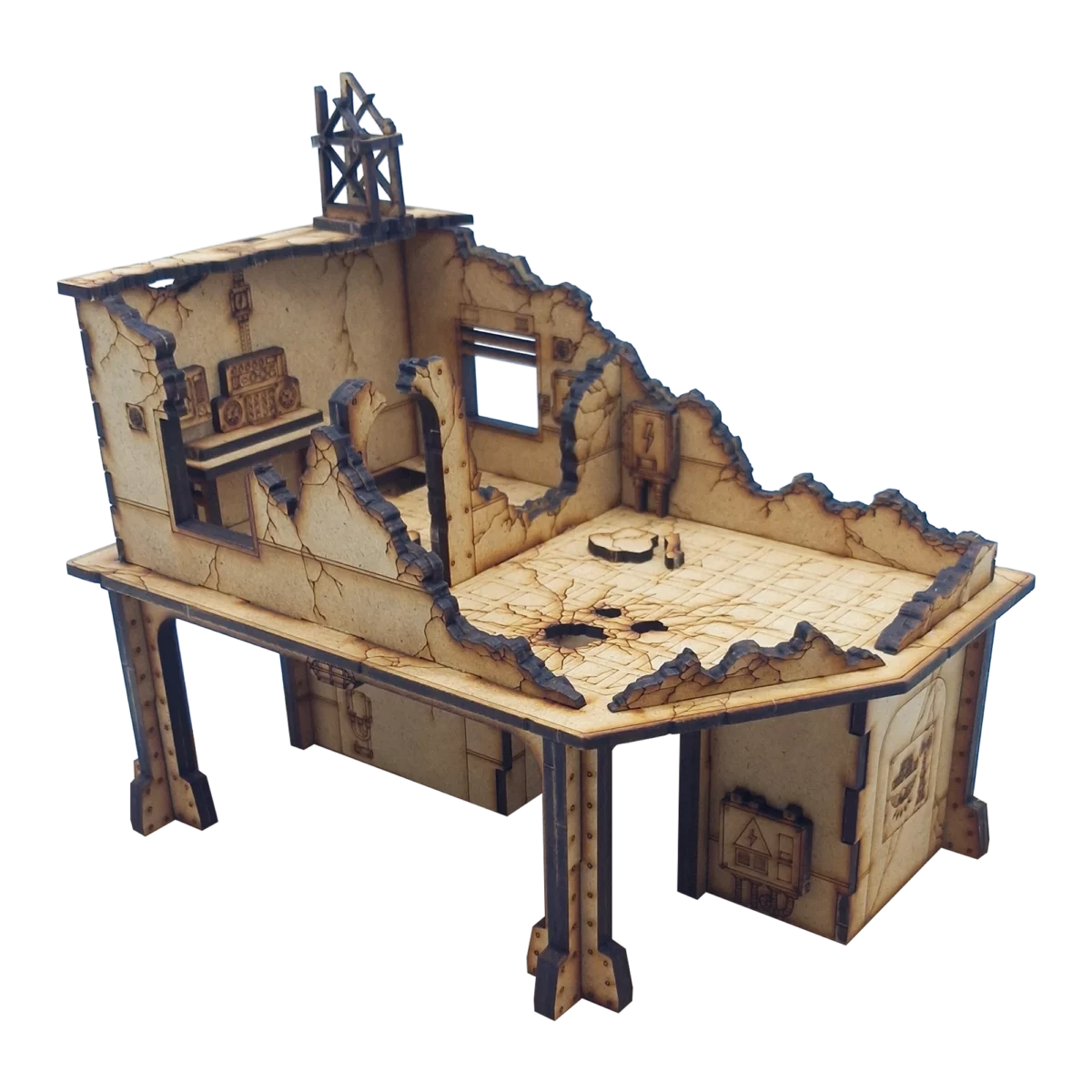 Centre de communications détruit 40K – bâtiment utilitaire en ruines avec étage pour décor Warhammer 40,000 compatible V11