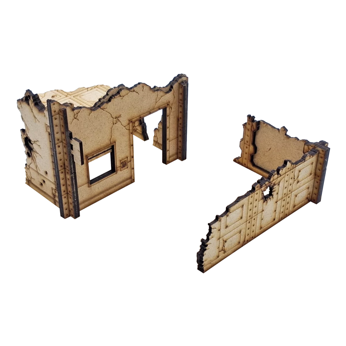 Magasin en ruines - décor 40K MDF Décor Magasin en ruines pour Warhammer 40K. Kit en deux pièces compatible V11, conçu pour s'intégrer sur un socle réglementaire de 6" x 4".
