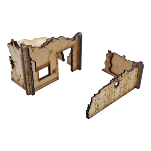 Décor Magasin en ruines pour Warhammer 40K. Kit en deux pièces compatible V11, conçu pour s'intégrer sur un socle réglementaire de 6" x 4".