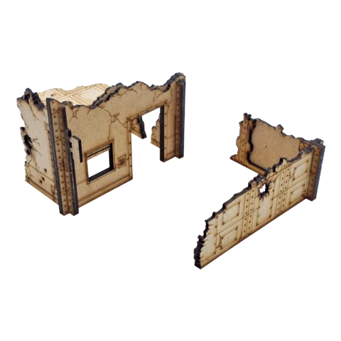 Décor Magasin en ruines pour Warhammer 40K. Kit en deux pièces compatible V11, conçu pour s'intégrer sur un socle réglementaire de 6" x 4".