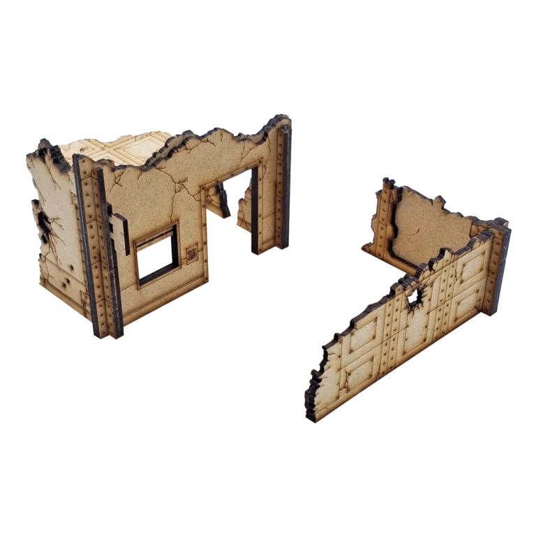 Décor Magasin en ruines pour Warhammer 40K. Kit en deux pièces compatible V11, conçu pour s'intégrer sur un socle réglementaire de 6" x 4".