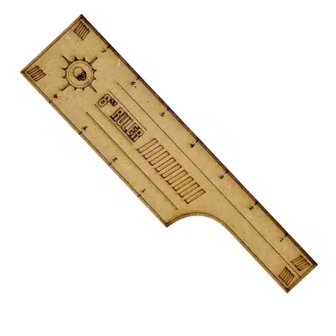 Réglette de mesure en MDF pour Warhammer 40K. Disponible en version 8" ou 9", avec repères de 5", 2" et 1" pour mesurer rapidement les distances.