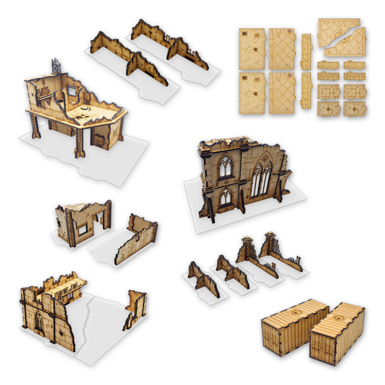 Set de décors et zones de terrain MDF 40K – pack complet de bâtiments, zones de terrain et deux containers pour Warhammer 40,000 compatible V11