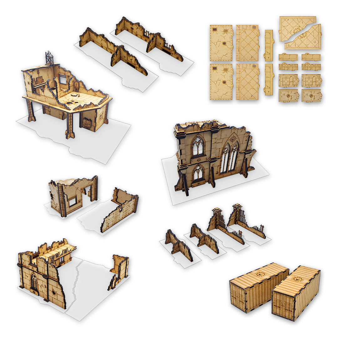 Set de décors et zones de terrain MDF 40K – pack complet de bâtiments, zones de terrain et deux containers pour Warhammer 40,000 compatible V11