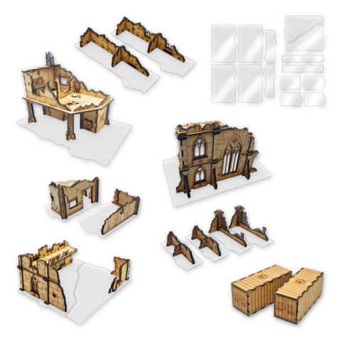 Set de décors MDF et zones de terrain transparentes 40K – pack complet de bâtiments, zones de terrain et deux containers pour Warhammer 40,000 compatible V11