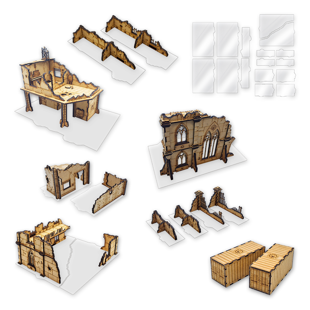 Set de décors MDF et zones de terrain transparentes 40K – pack complet de bâtiments, zones de terrain et deux containers pour Warhammer 40,000 compatible V11