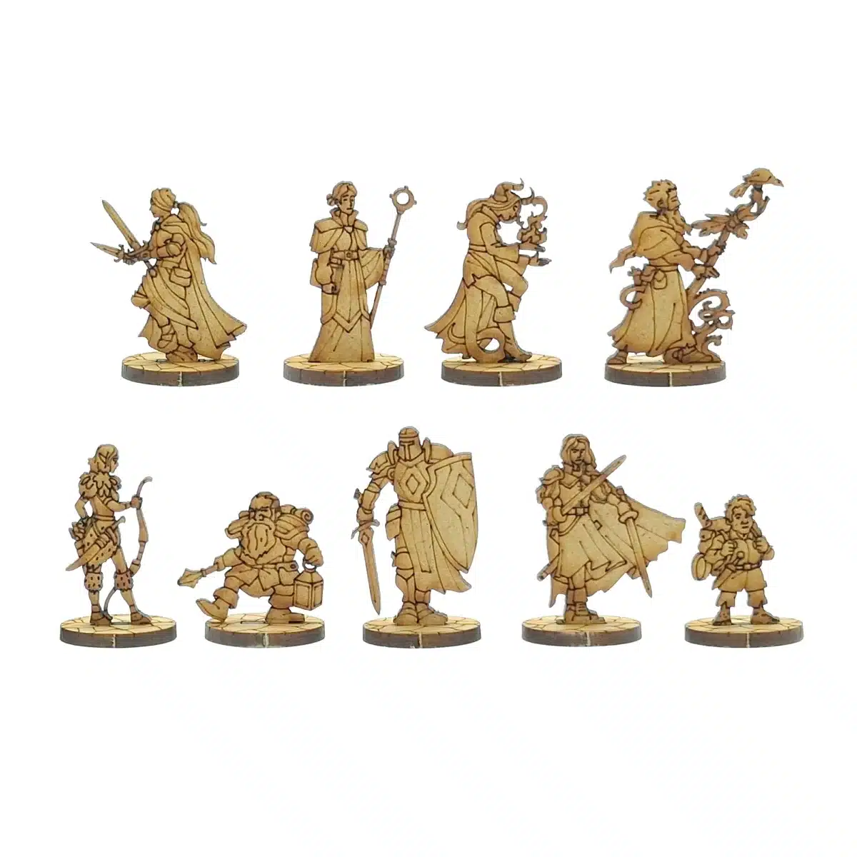 Figurines aventuriers 2D MDF médiéval fantastique représentant guerriers, sorciers et personnages joueurs pour jeux de rôle fantasy