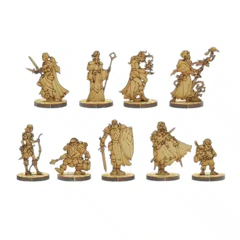 Figurines aventuriers 2D MDF médiéval fantastique représentant guerriers, sorciers et personnages joueurs pour jeux de rôle fantasy