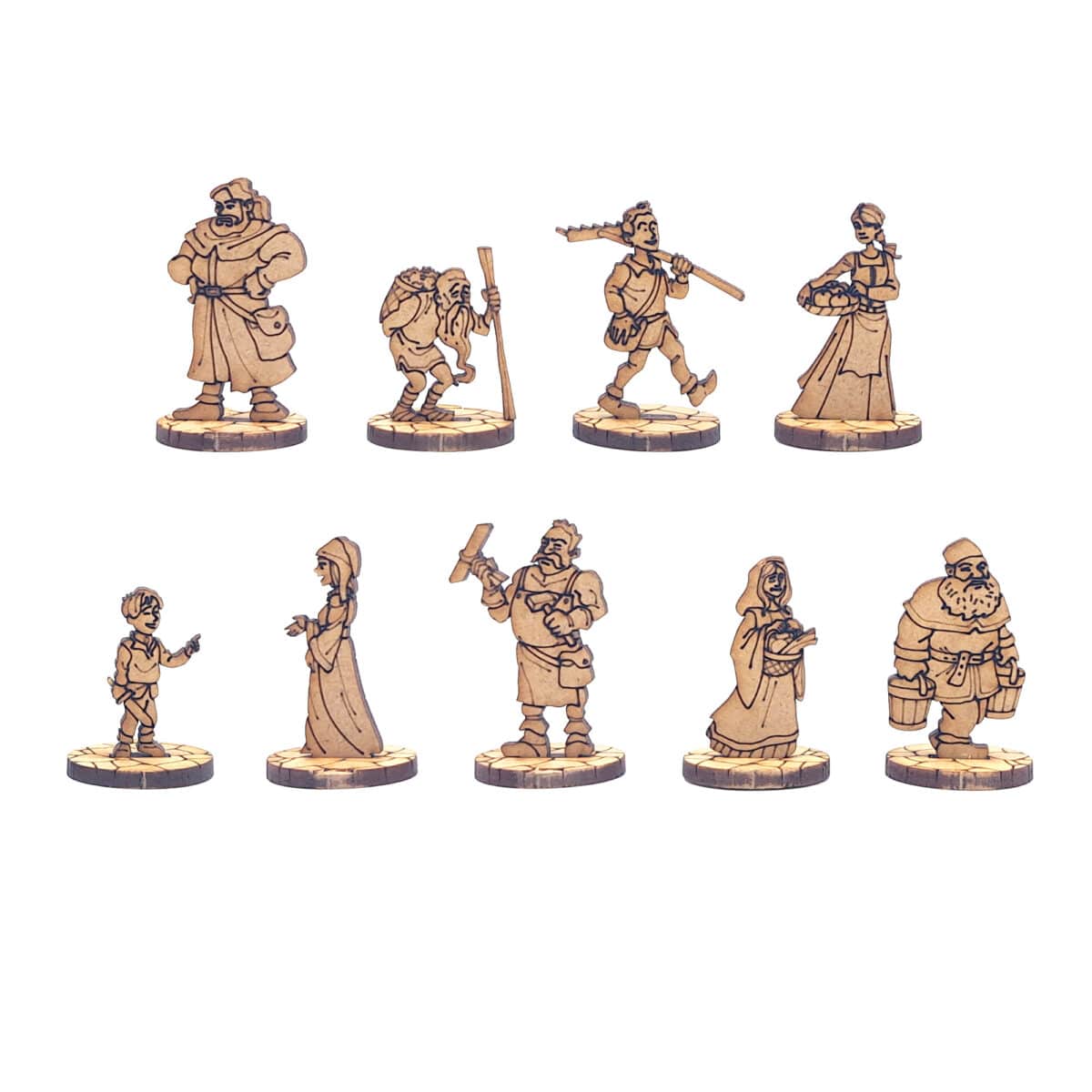 Figurines 2D en MDF représentant des villageois médiévaux fantastiques, avec hommes, femmes, enfant et vieillard pour jeu de rôle